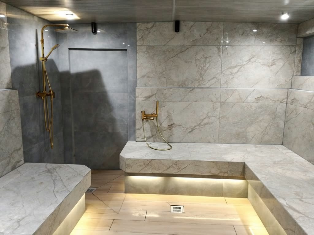 La salle de vapeur du hammam : banquettes chauffantes en pierre claire et robinetterie en laiton brossé.