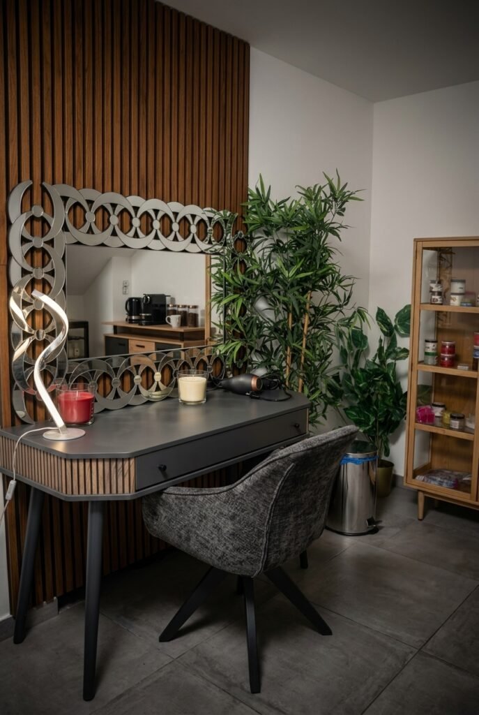 La coiffeuse et le miroir de l’espace de préparation, devant le mur en tasseaux de bois.